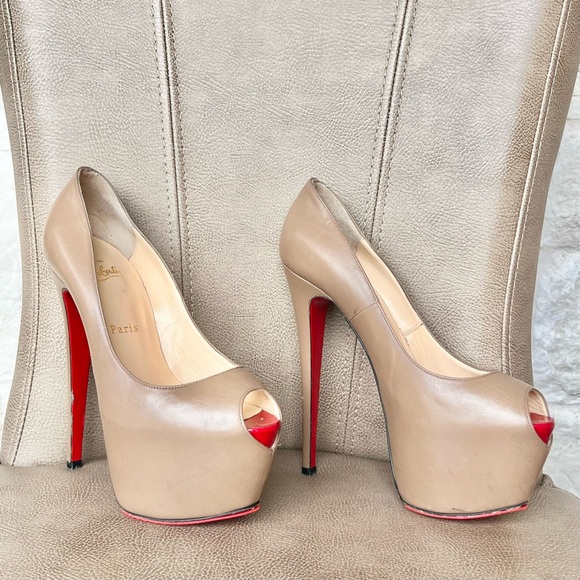 Christian Louboutin Shoes - Christian Louboutin Highness 160 Nude Tan Platform Red Peep Toe Euro 38 1/2